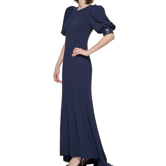 Calvin Klein Navy Sequined Puff-Sleeve Gown - Picture 3 of 14